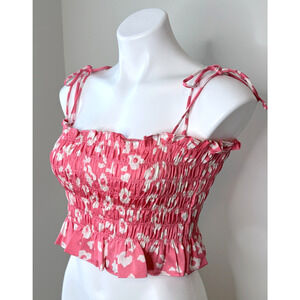 The Impeccable Pig Coral & White Smocked Tube Top with Tie Straps Size M